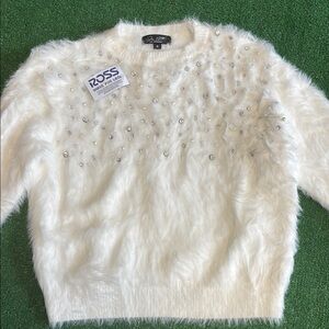 White Fuzzy Sweater with Embellishments